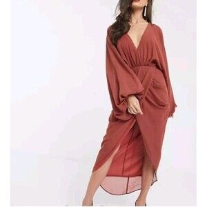 ASOS DESIGN plunge front blouson sleeve midi dress Size 0